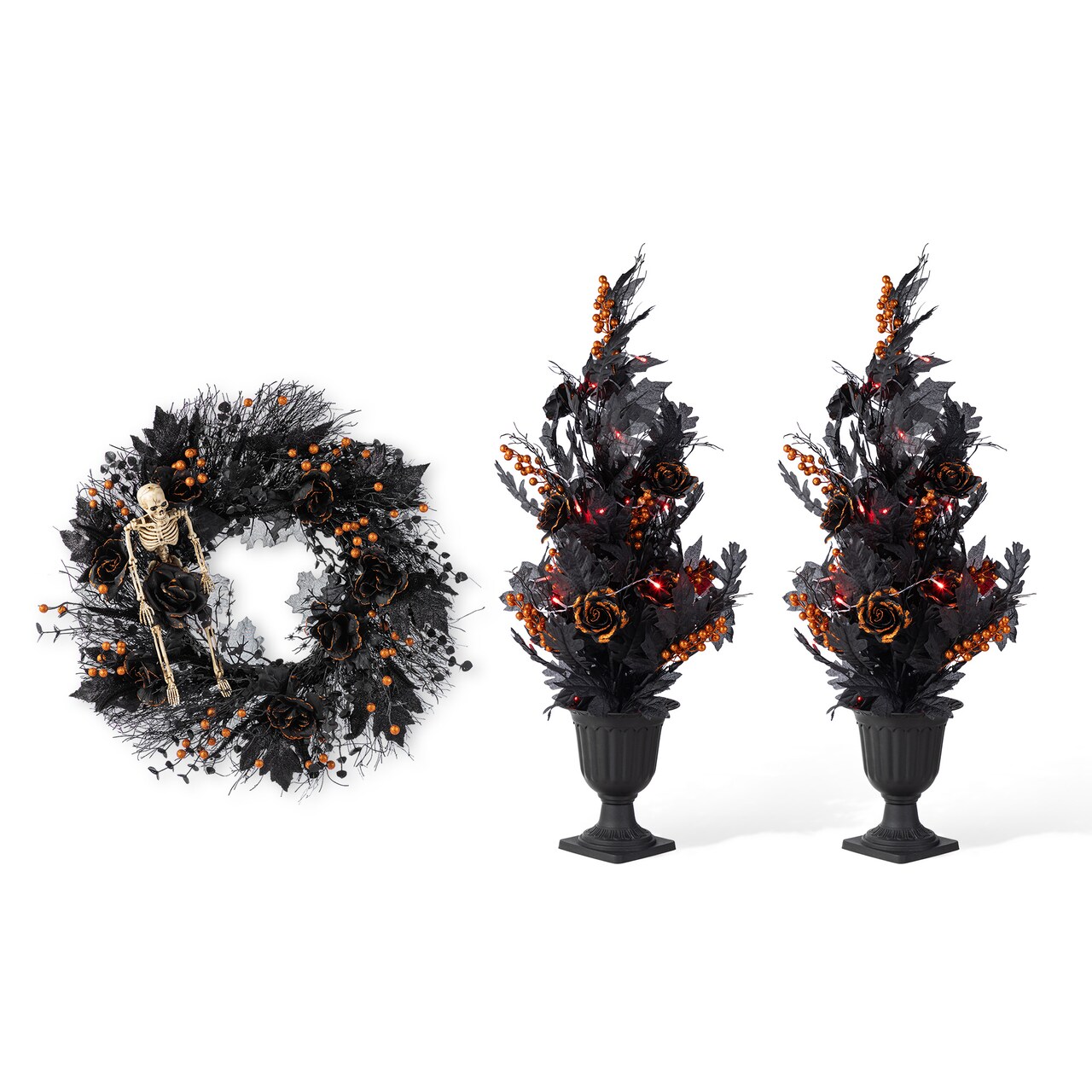 Halloween Lighted Black Rose with Orange Glitter Urn Porch Trees and Wreath/Teardrop Set